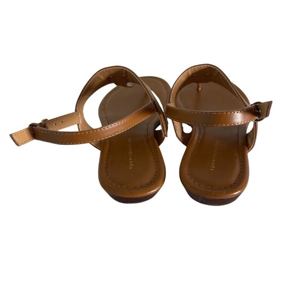 Tommy Hilfiger Women Tan Leather Thong Sandals Gold White Stripe Logo Size 9 - Picture 3 of 8